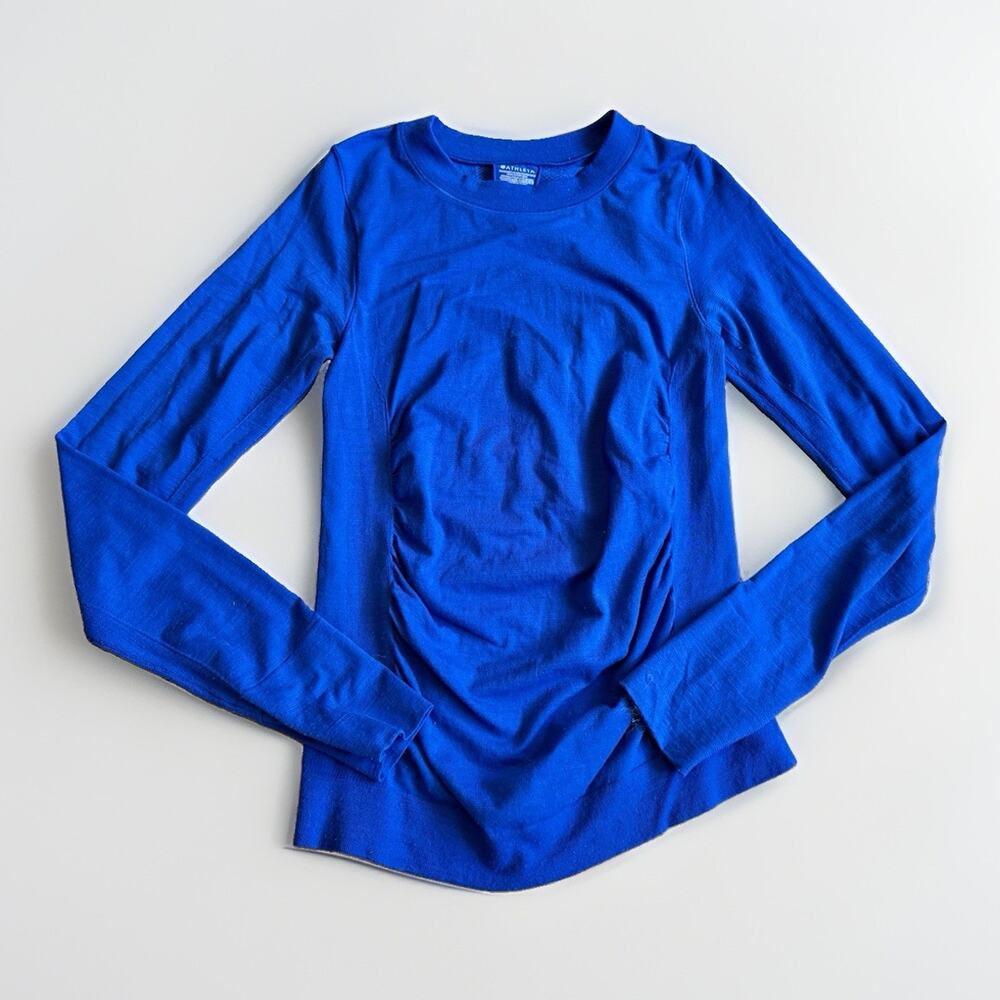 Athleta Women’s Blue Long Sleeve Ruched Side Shirt Size S Athleisure